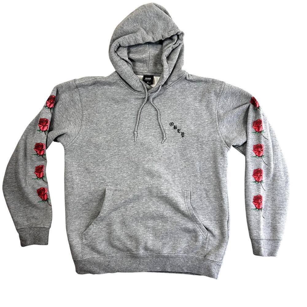 Obey Worldwide Men's M Grey Sweatshirt Hoodie Rose Print Graphic